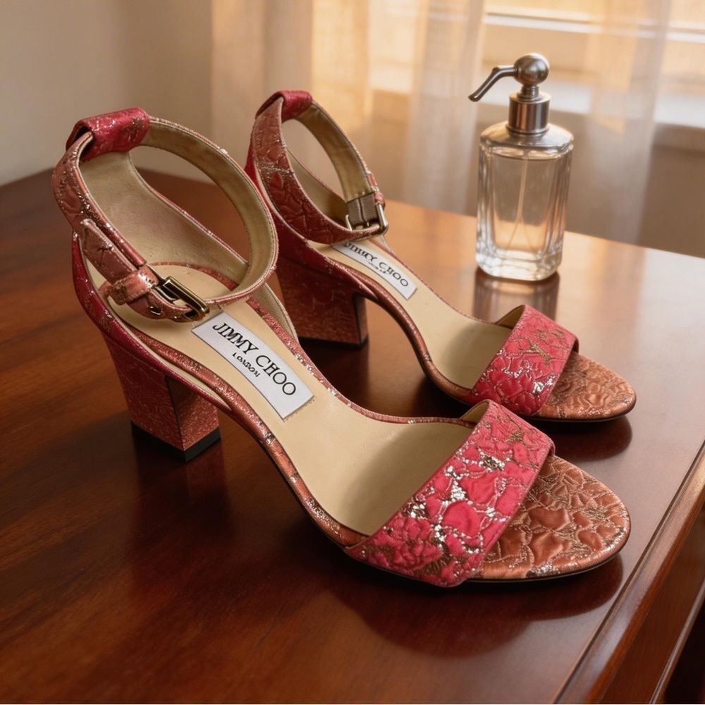 Jimmy Choo Edina floral jacquard ankle-wrap sandals in a calypso pink glitter 8